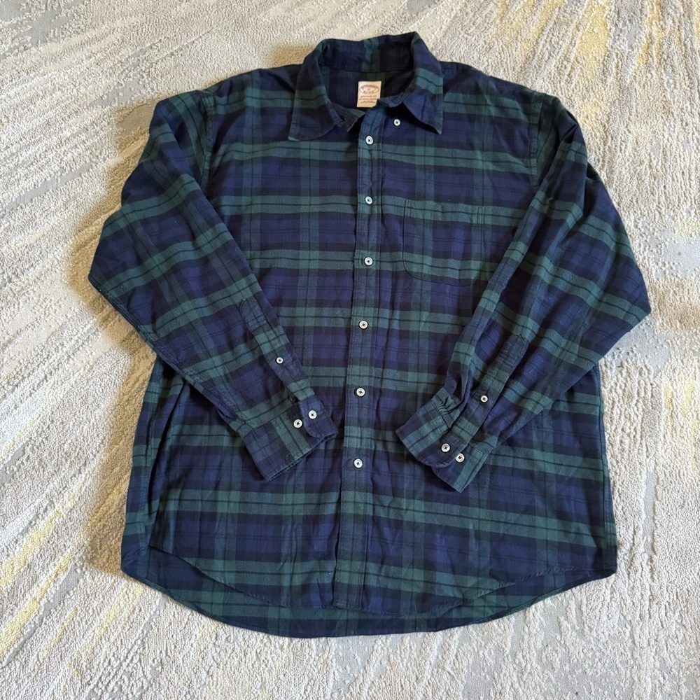 L.L. Bean Plaid Flannel button front shirt navy blue green cotton Madison fit XL